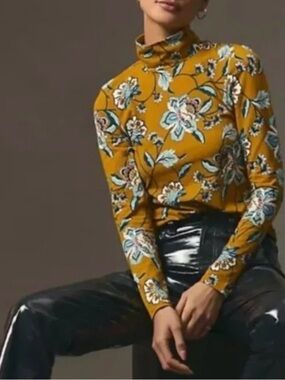 Anthropologie Maeve Mustard Floral Turtleneck Women's Knit